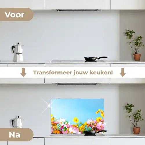 Bloemen - Kleurrijk - Blauw - Natuur keuken achterwand spatscherm klein -voor_na_NL