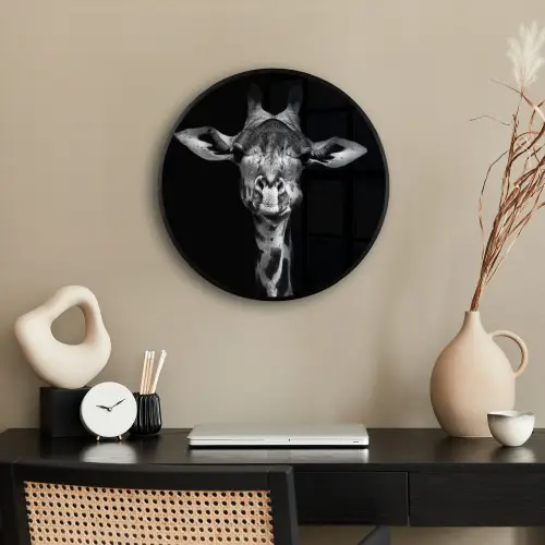 Giraffe - Portret - Dieren - Zwart - Wit Fotolijst rond zonder passe partout klein -sfeer1