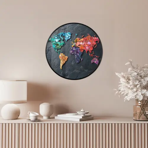 Wereldkaart - Edelstenen - Regenboog - Ruw Fotolijst rond zonder passe partout klein -sfeer3