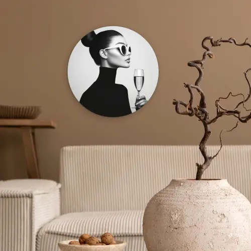 Vrouw - Champagne - Modern Wandcirkel kunststof plaat 5mm dik klein -sfeer1