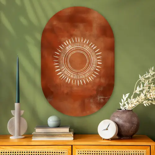 Abstract - Lijnen - Zonnestralen - Roodbruin Wandcirkel Ovaal Glas middel -sfeer2