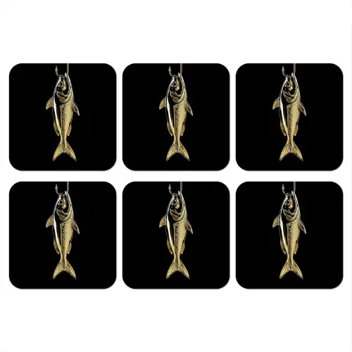Goud - Vis - Haak - Zwart onderzetter kurk middel -3d