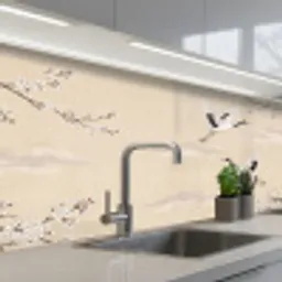 Kraanvogels - Bloesem - Beige keuken achterwand 2 middel -3d_schuin