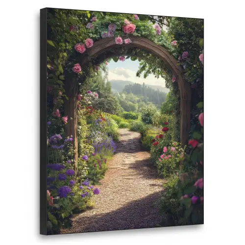 Doorkijk - Landschap - Bloemen - Rozenboog - Natuur Textielframe zwart klein -3d