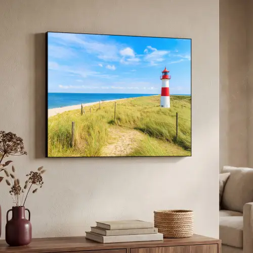 Vuurtoren - Duinen - Strand - Zee - Zomer Textielframe zwart klein -sfeer3