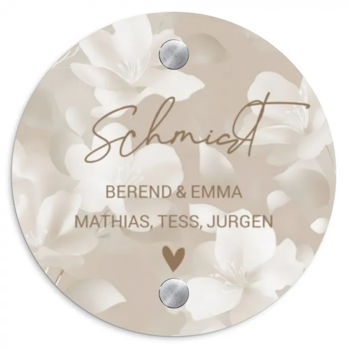 Beigefarbene Blumen - Elegant Naambord Rond klein -3d