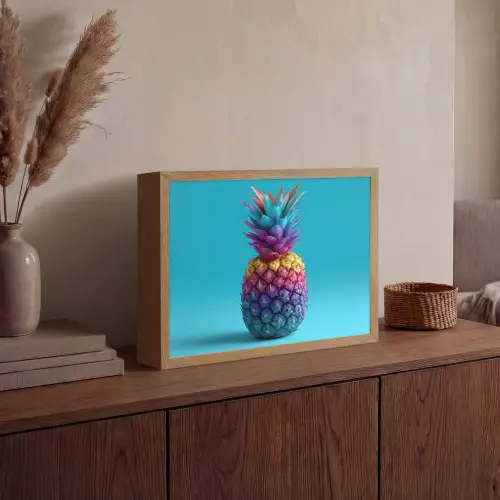 Ananas - Regenboog - Blauw - Popart Light Box met batterij (Wandlamp) middel -sfeer2