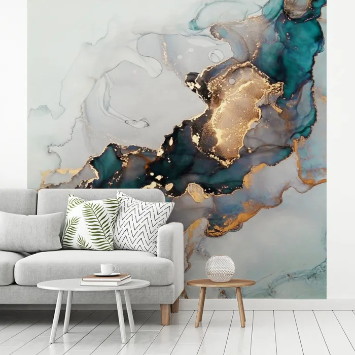 Blauw - Marmer - Goud fotobehang vinyl groot -woonkamer