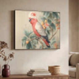 Roze kuifkaketoe - Tak met vruchten - Bladeren Textielframe - compleet frame klein -sfeer3