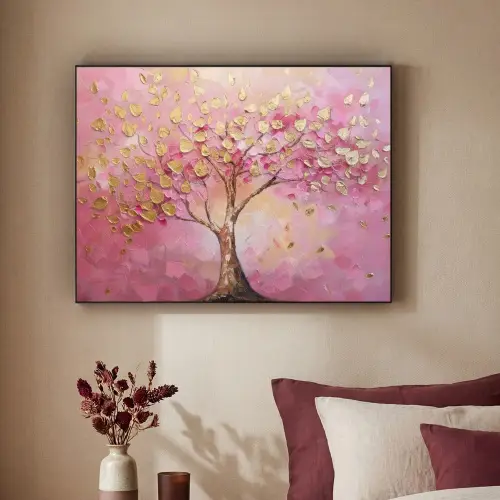 Boom - Roze - Goud - Modern Textielframe zwart klein -sfeer1