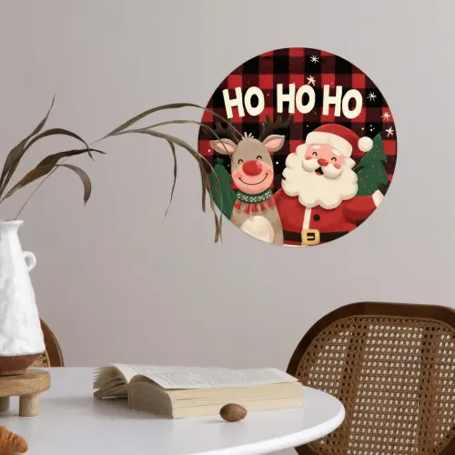 Kerstman - Rendier - Tekst - Rood - Zwart Wandcirkel behangsticker klein -sfeer3