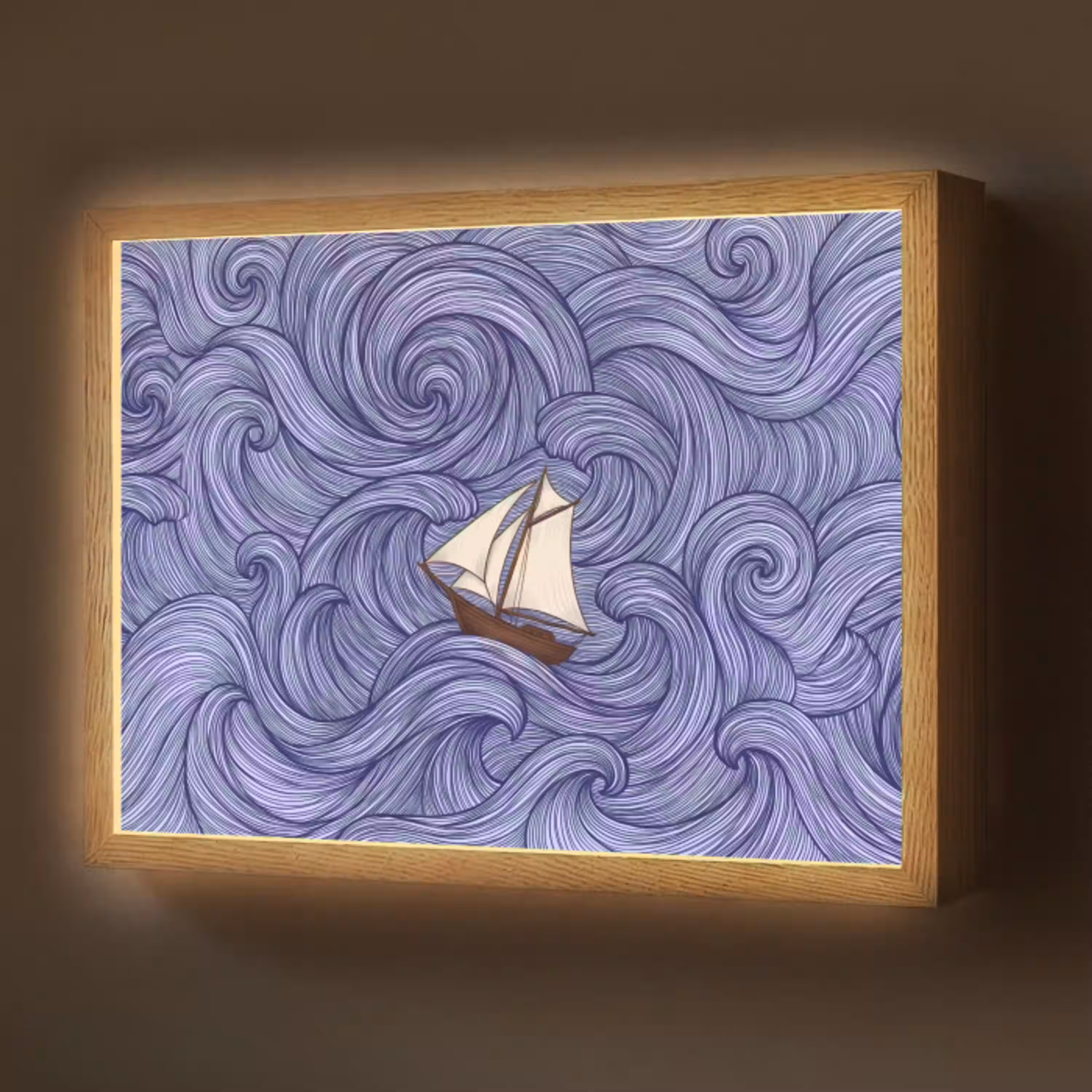 Schip - Golven - Zee - Illustratie - Blauw Light Box met batterij (Wandlamp) middel -z3d_website