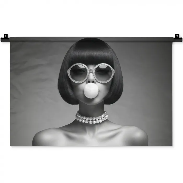 Vrouw - Zwart Wit - Ketting - Zonnebril Wandkleed katoen klein -zz3d
