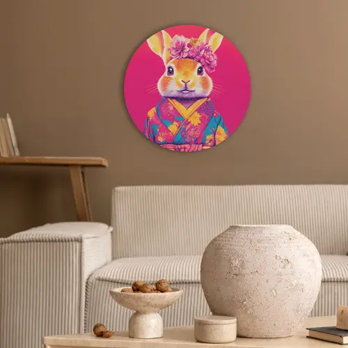 Konijn - Bloemen - Kleurrijk - Kimono Akoestische PET Vilt - Rond klein -sfeer1