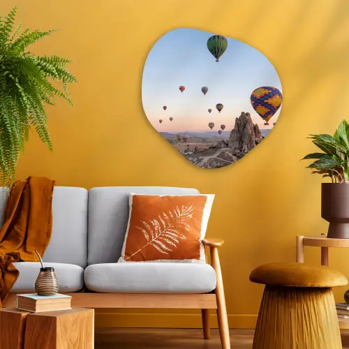 Luchtballonnen - Rotsen - Zonsopgang Wandcirkel Organisch Aluminium middel -sfeer4
