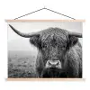 Schotse hooglander - Zwart - Wit - Gras textielposter latten blank klein -3d