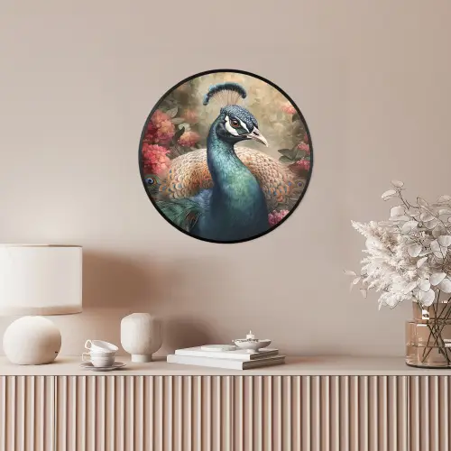 Pauw - Vogel - Bloemen - Planten - Pauwenveren Fotolijst rond zonder passe partout klein -sfeer3