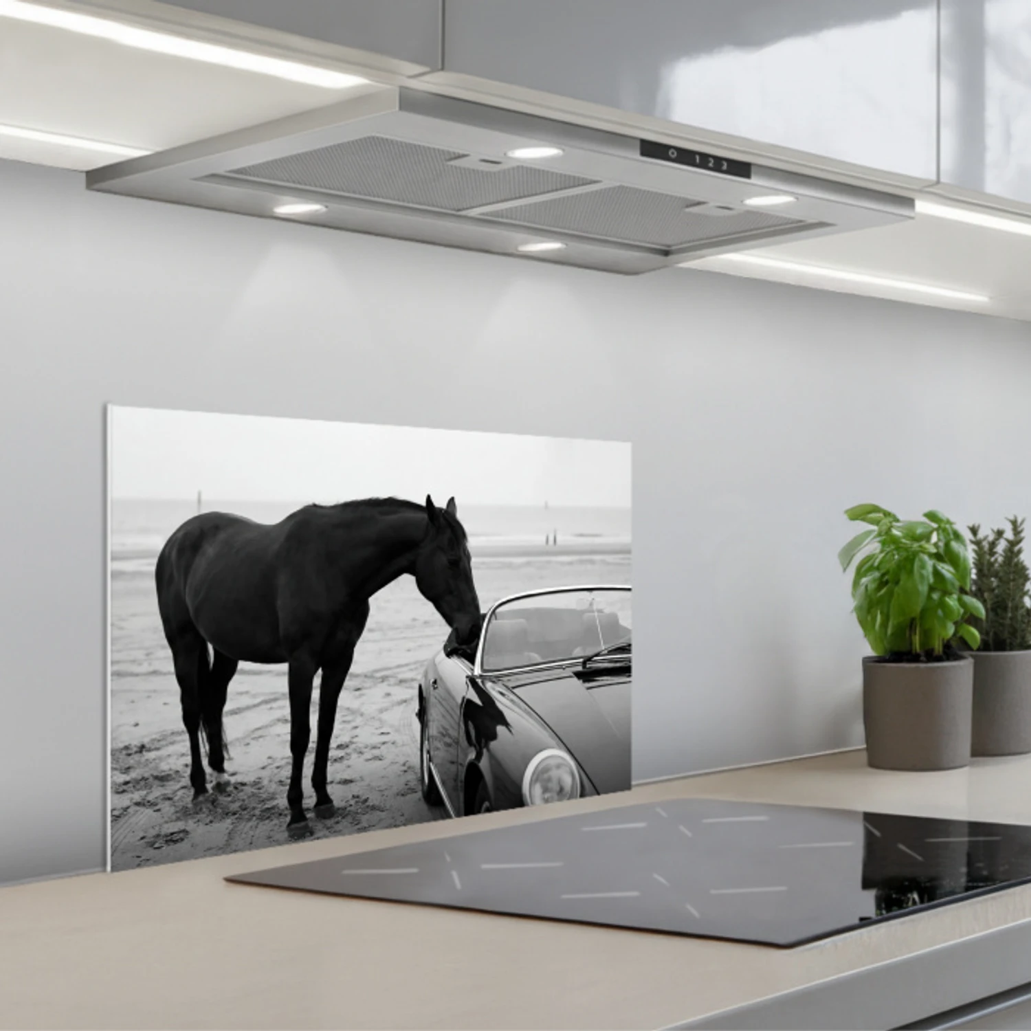Kitchen splashback for hob - Horse - Car - Black - White | Kitchenyeah ...