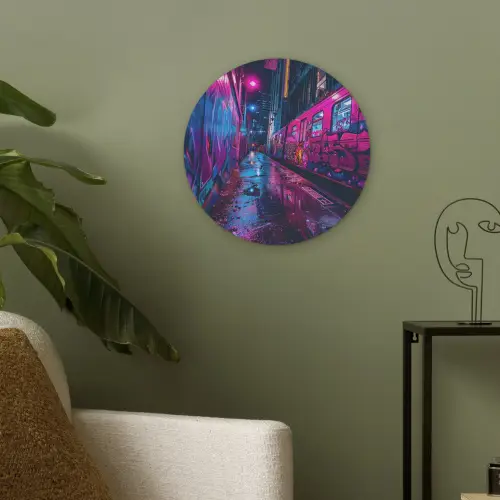 Stad - Neon -  Nacht - Roze - Graffiti Akoestische PET Vilt - Rond klein -sfeer2