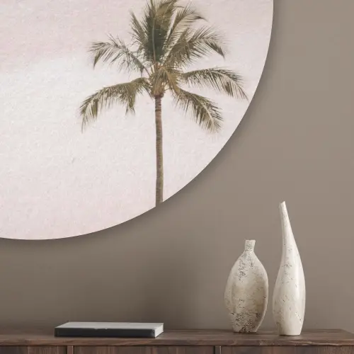 Palmbomen - Zonsondergang - Roze Akoestische PET Vilt - Rond klein -sfeer5_closeup