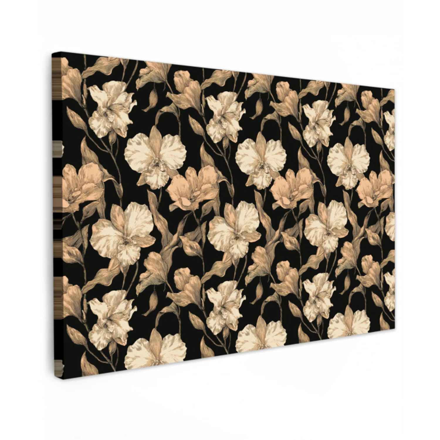 Orchideeën - Lijntekening - Patroon - Beige - Zwart canvas 2cm klein 34 -z3d