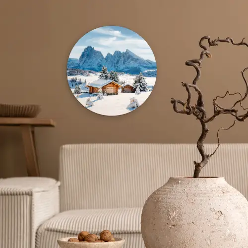 Winter - Huisje - Bergen - Uitzicht - Sneeuw Wandcirkel kunststof plaat 5mm dik klein -sfeer1