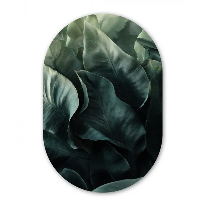 Groen - Bladeren - Glad - Nerven Wandcirkel Ovaal Glas middel -3d