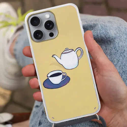Theepot - Kopje - Beige - Illustratie Hoesje iPhone 16 Pro Max met koord klein -sfeer3