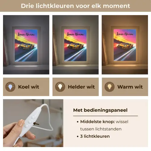 Gele raceauto - Kleurrijk - Neon Light Box met kabel (Kinderlampje) klein -USP_lichtkleurNL