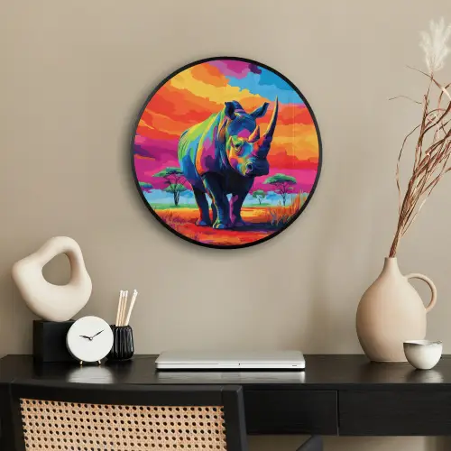 Neushoorn - Zonsondergang - Savanna - Kleurrijk Fotolijst rond zonder passe partout klein -sfeer1