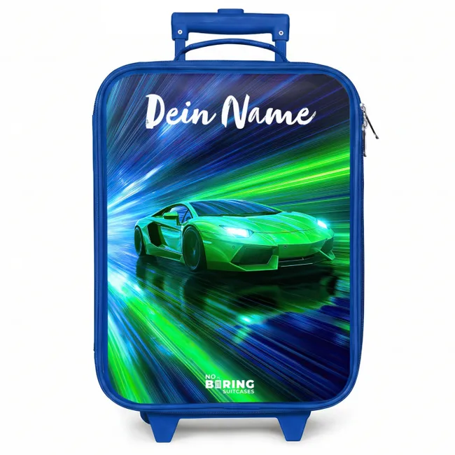 Kinderkoffer Blau mit Name - Sportwagen - Grün - Geschwindigkeitslinien - Neon