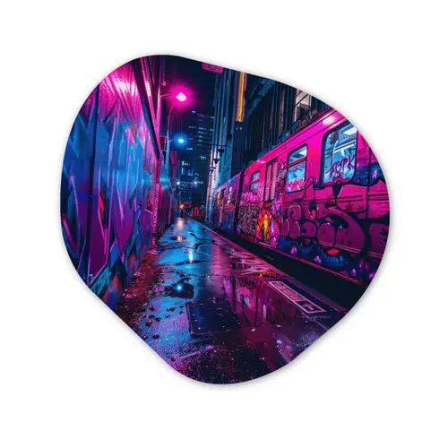 Stad - Neon -  Nacht - Roze - Graffiti Wandcirkel Organisch Forex 3mm klein -3d