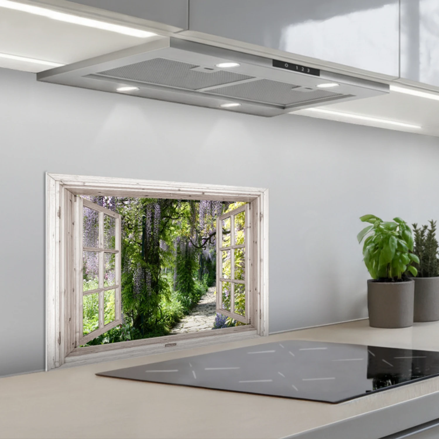 Uitzicht op de Wisteriatuin keuken achterwand spatscherm klein -3d_schuin