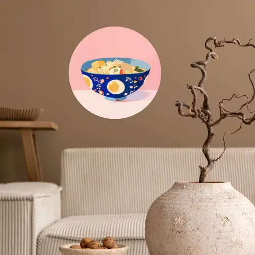 Noodles - Kom - Blauw - Illustratie Wandcirkel behangsticker klein -sfeer1