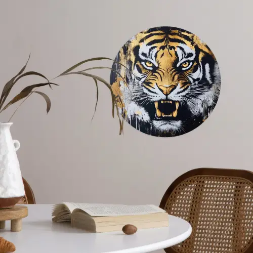Tijger - Verfspatten - Goud Wandcirkel behangsticker klein -sfeer3