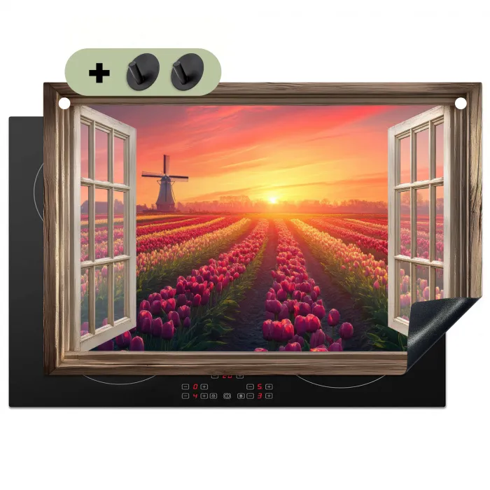 Doorkijk - Tulpen - Zonsondergang - Bloemen - Kleurrijk Inductie beschemer met haakjes klein -3d