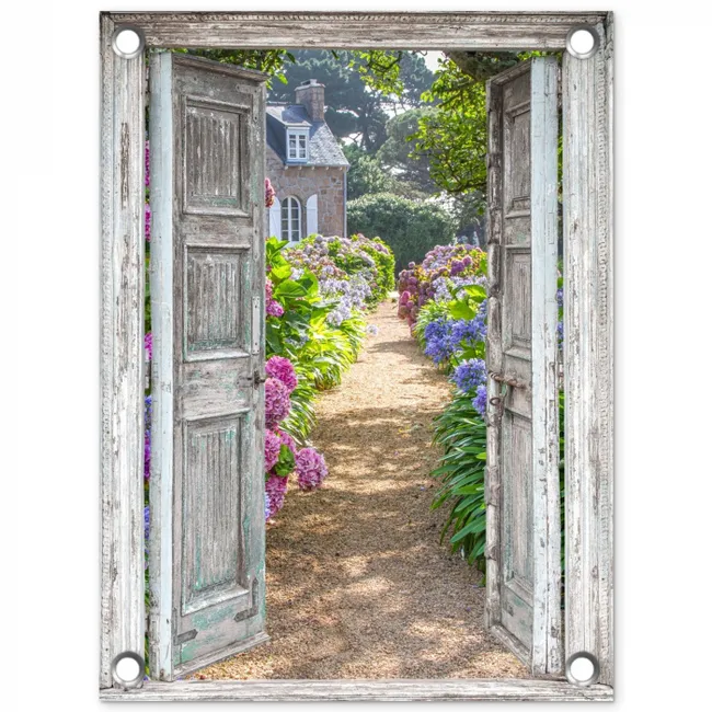 Deur naar een bloementuin tuinposter los doek klein -3d