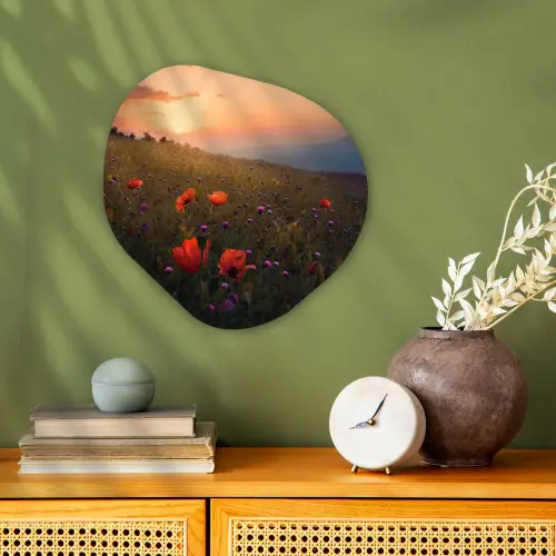 Bloemenveld - Gras - Bloemen - Planten - Zonsondergang - Oranje Wandcirkel Organisch Forex 3mm klein -sfeer2