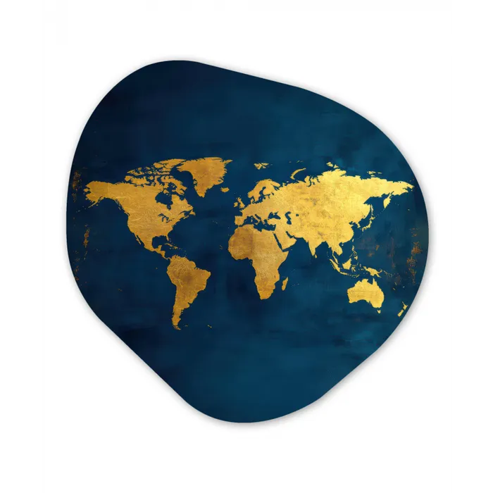 Wereldkaart - Goud - Donkerblauw Wandcirkel Organisch Aluminium middel -3d