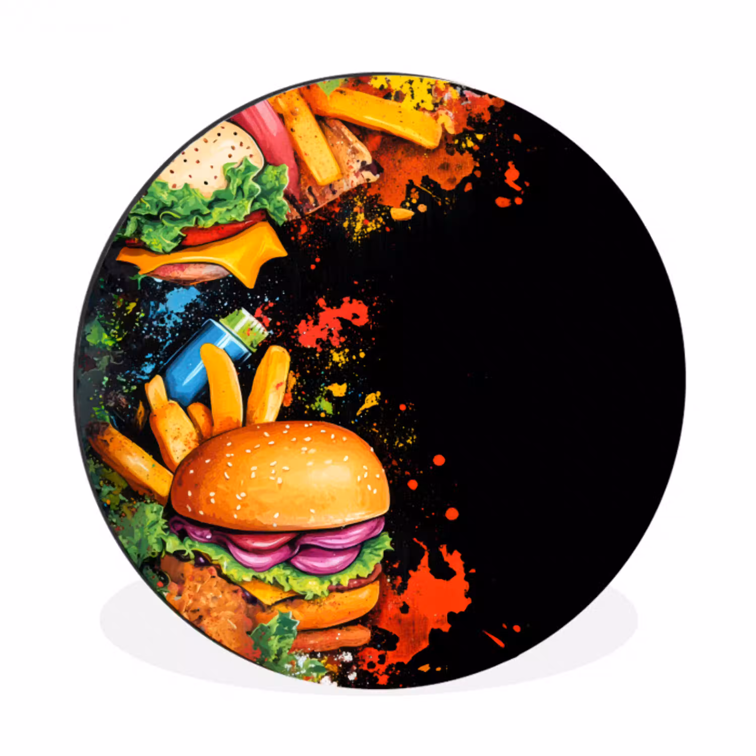 Fastfood - Graffiti - Hamburger - Eten - Modern Wandcirkel aluminium klein -3d
