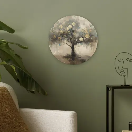 Beige - Abstract - Boom - Goud Akoestische PET Vilt - Rond klein -sfeer2