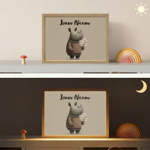 Neushoorn - Witte bloemen - Lief Light Box met batterij (Wandlamp kind) middel -sfeer3_kind