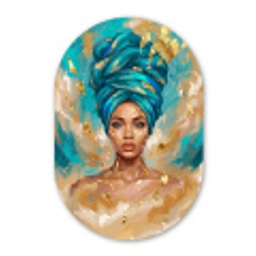 Portret - Vrouw - Schilderij - Blauw - Goud - Expressief Wandcirkel Ovaal Aluminium middel -3d