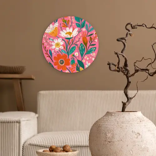 Roze - Bloemen - Wit - Oranje Wandcirkel plexiglas klein -sfeer1
