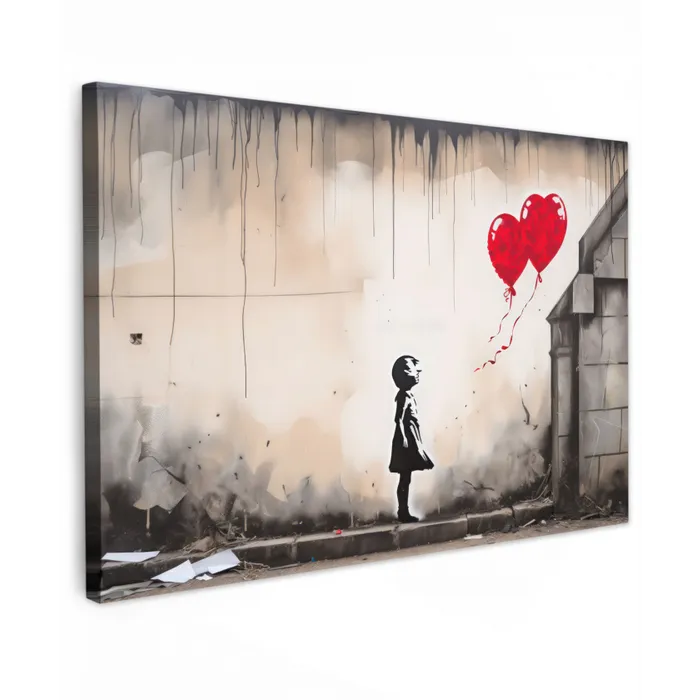 Kunst - Meisje - Ballonnen - Hart - Grijs canvas 2cm klein -z3d