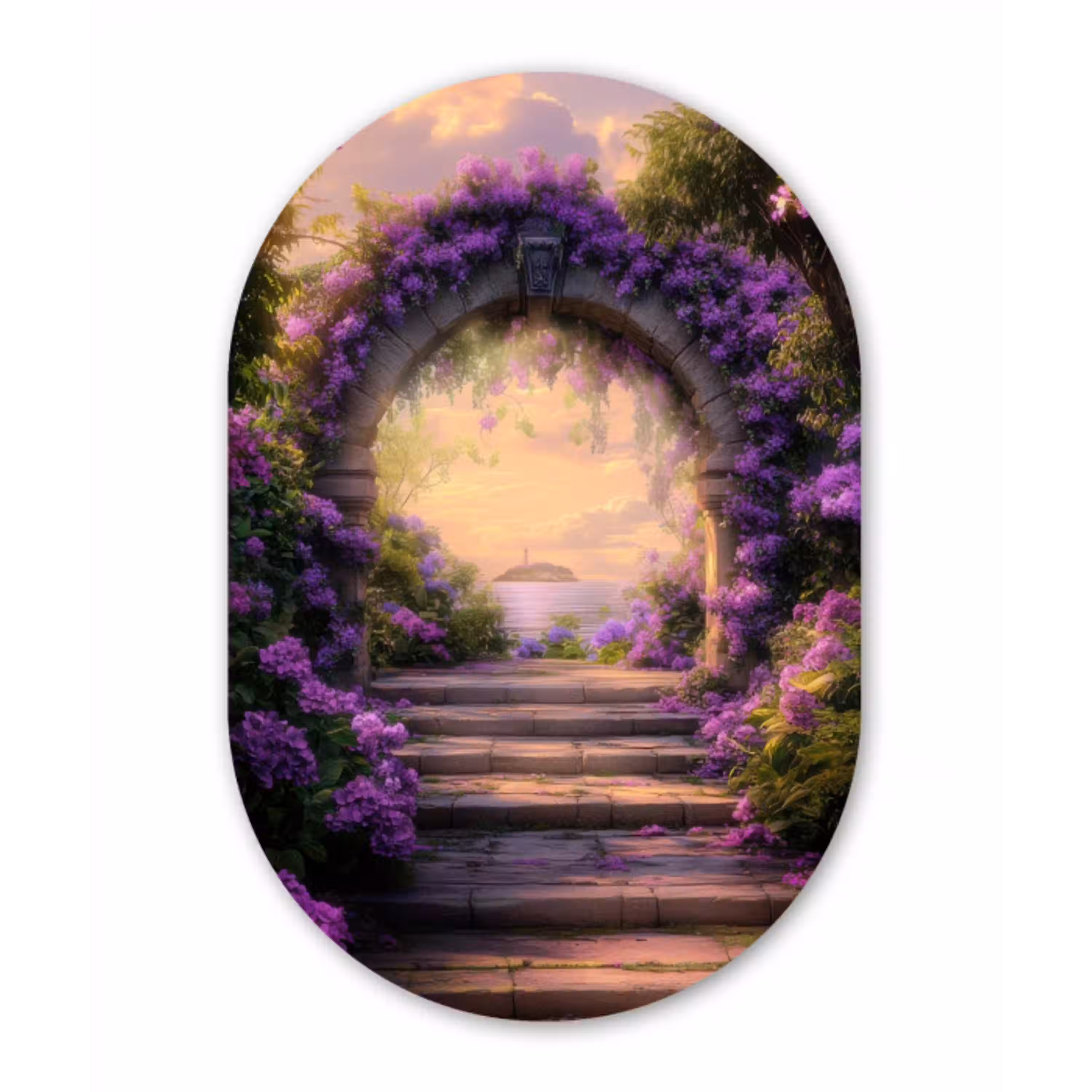 Poort - Paars - Bloemen Wandcirkel Ovaal Aluminium middel -3d