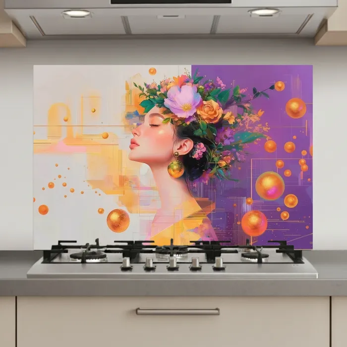 Abstract - Vrouw - Bloemenkroon - Goud keuken achterwand spatscherm klein -3d_website