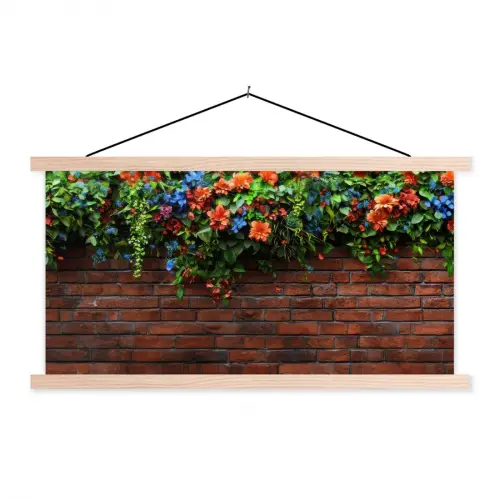 Bloemen - Muur - Groen - Oranje textielposter latten blank klein -3d