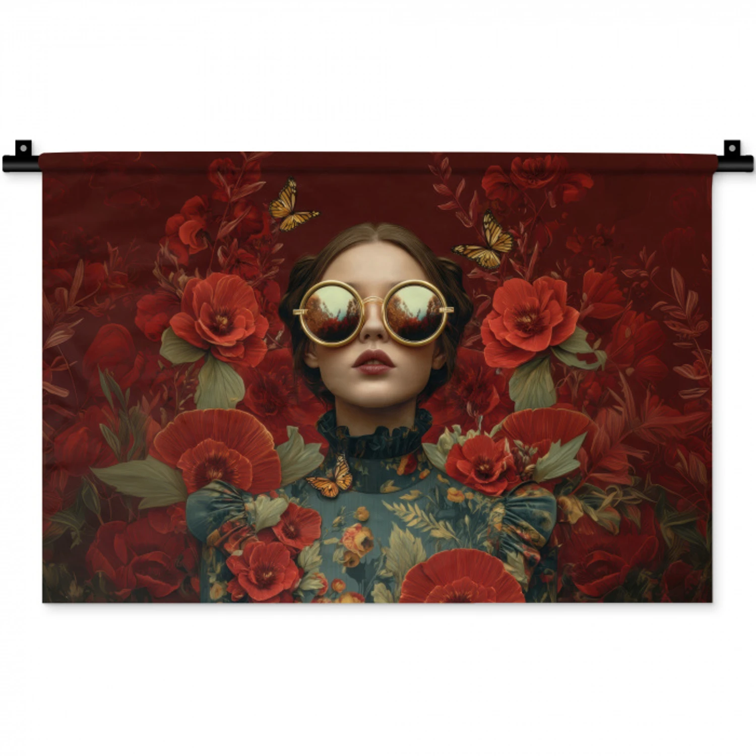 Bloemen - Dieprood - Zonnebril - Vrouw Wandkleed katoen klein -zz3d