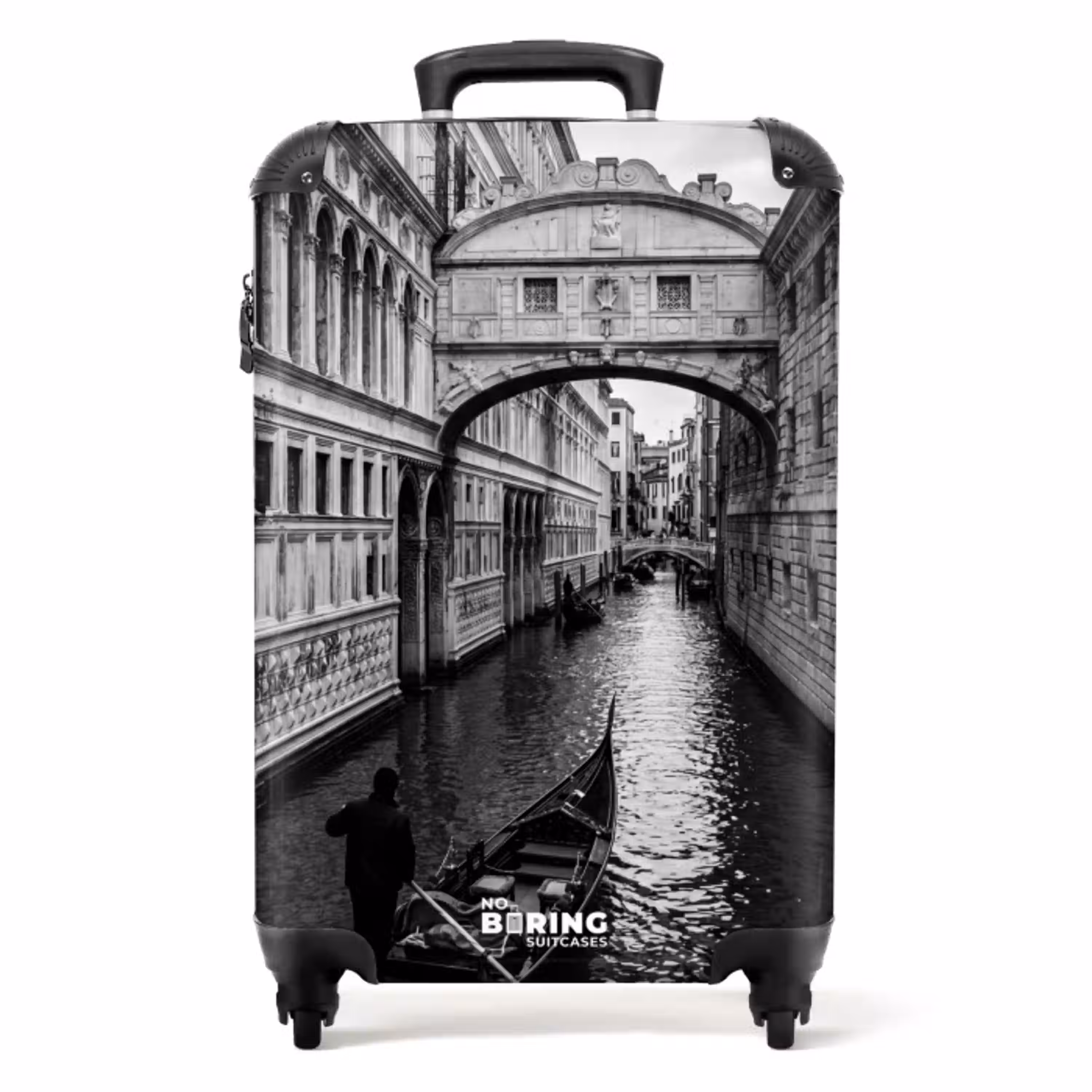 Boot - Waterweg - Stad - Zwart - Wit - Architectuur NBS - Handbagage koffer - Volwassenen Unisex middel -productfoto_recht